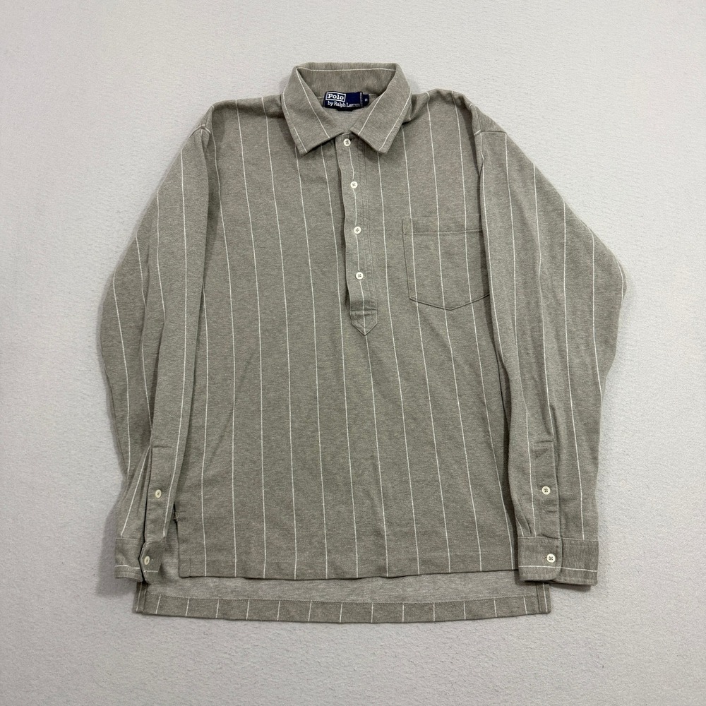 Vintage Polo Ralph Lauren Shirt Medium Gray Striped Pique Long Sleeve Rugby 90s